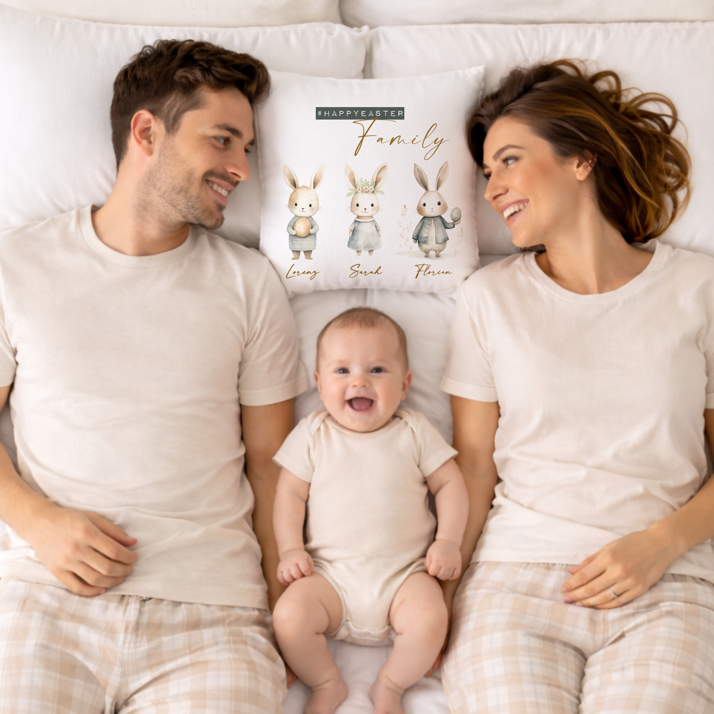 Personalisiertes Osterkissen mit Namen – Familienkissen mit Hasen – Osterdeko 40x40 – Geschenk für Kinder, Eltern & Großeltern – Kissenbezug mit oder ohne Füllung