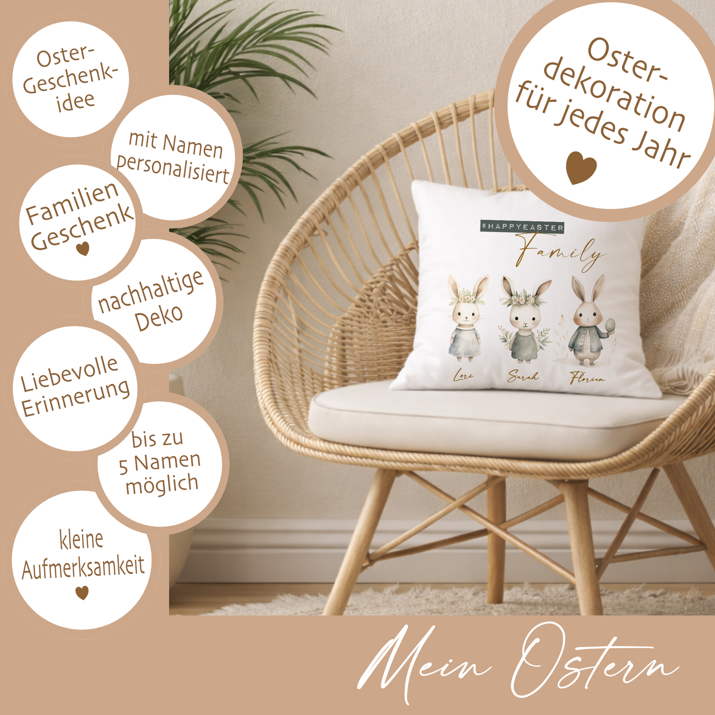 Personalisiertes Osterkissen mit Namen – Familienkissen mit Hasen – Osterdeko 40x40 – Geschenk für Kinder, Eltern & Großeltern – Kissenbezug mit oder ohne Füllung