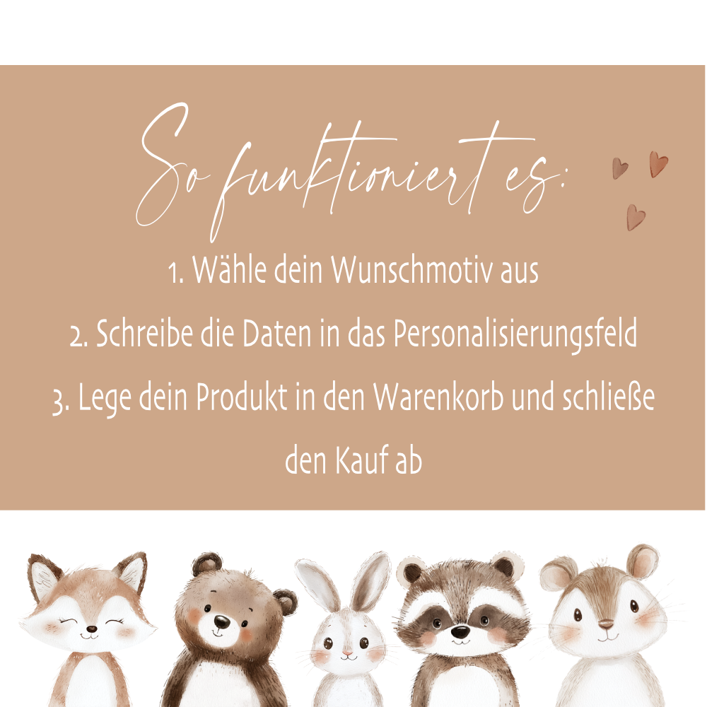 Personalisiertes flauschiges Babykissen mit Geburtsdaten – Waldtiere 40x40cm inkl. Füllung
