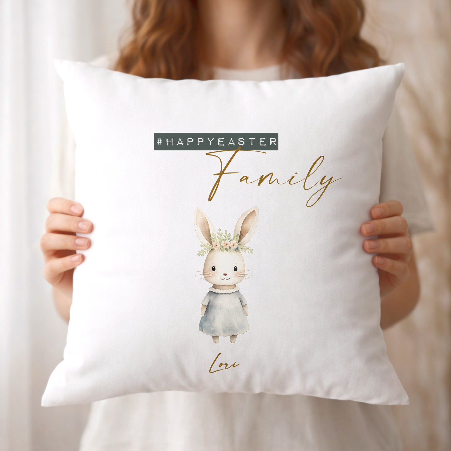 Personalisiertes Osterkissen mit Namen – Familienkissen mit Hasen – Osterdeko 40x40 – Geschenk für Kinder, Eltern & Großeltern – Kissenbezug mit oder ohne Füllung