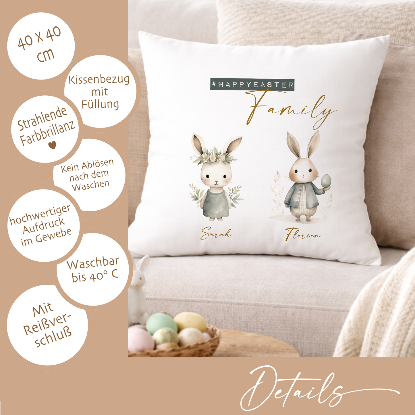 Personalisiertes Osterkissen mit Namen – Familienkissen mit Hasen – Osterdeko 40x40 – Geschenk für Kinder, Eltern & Großeltern – Kissenbezug mit oder ohne Füllung