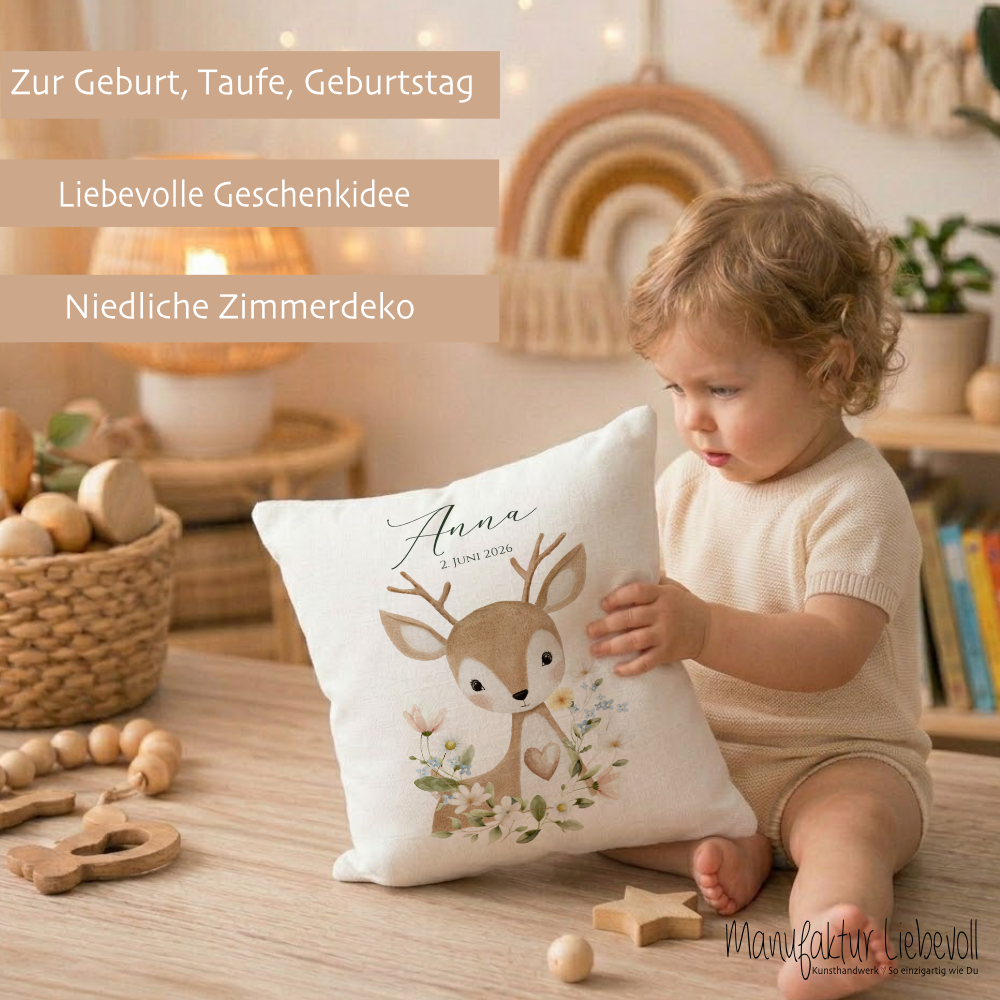 Personalisierte Kinderkissen mit Namen – Süße Waldtiere Motive im Boho-Stil – Flauschiges Kuschelkissen inkl. Füllung zur Geburt & Taufe