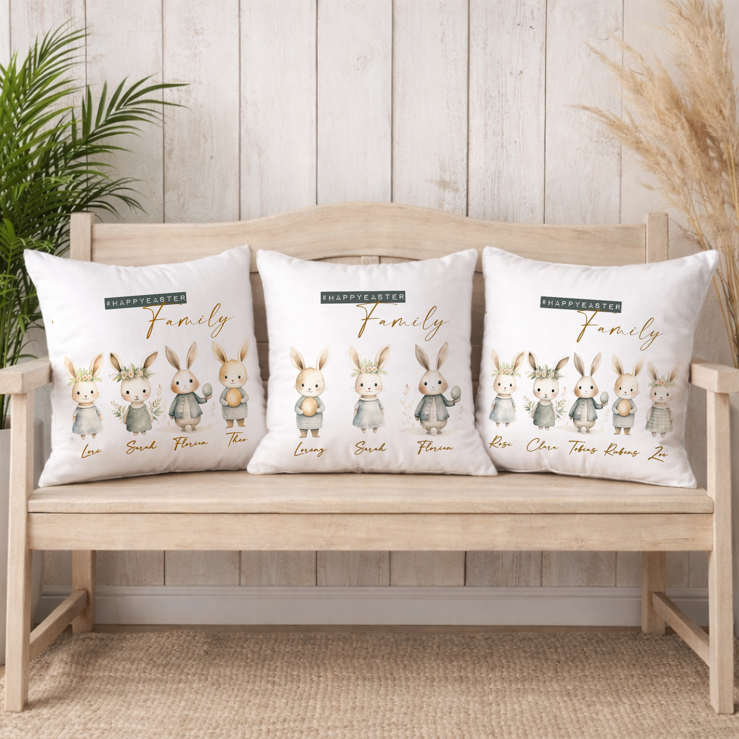 Personalisiertes Osterkissen mit Namen – Familienkissen mit Hasen – Osterdeko 40x40 – Geschenk für Kinder, Eltern & Großeltern – Kissenbezug mit oder ohne Füllung