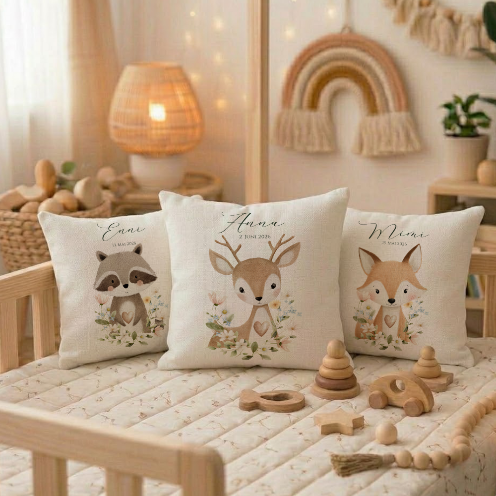 Personalisierte Kinderkissen mit Namen – Süße Waldtiere Motive im Boho-Stil – Flauschiges Kuschelkissen inkl. Füllung zur Geburt & Taufe
