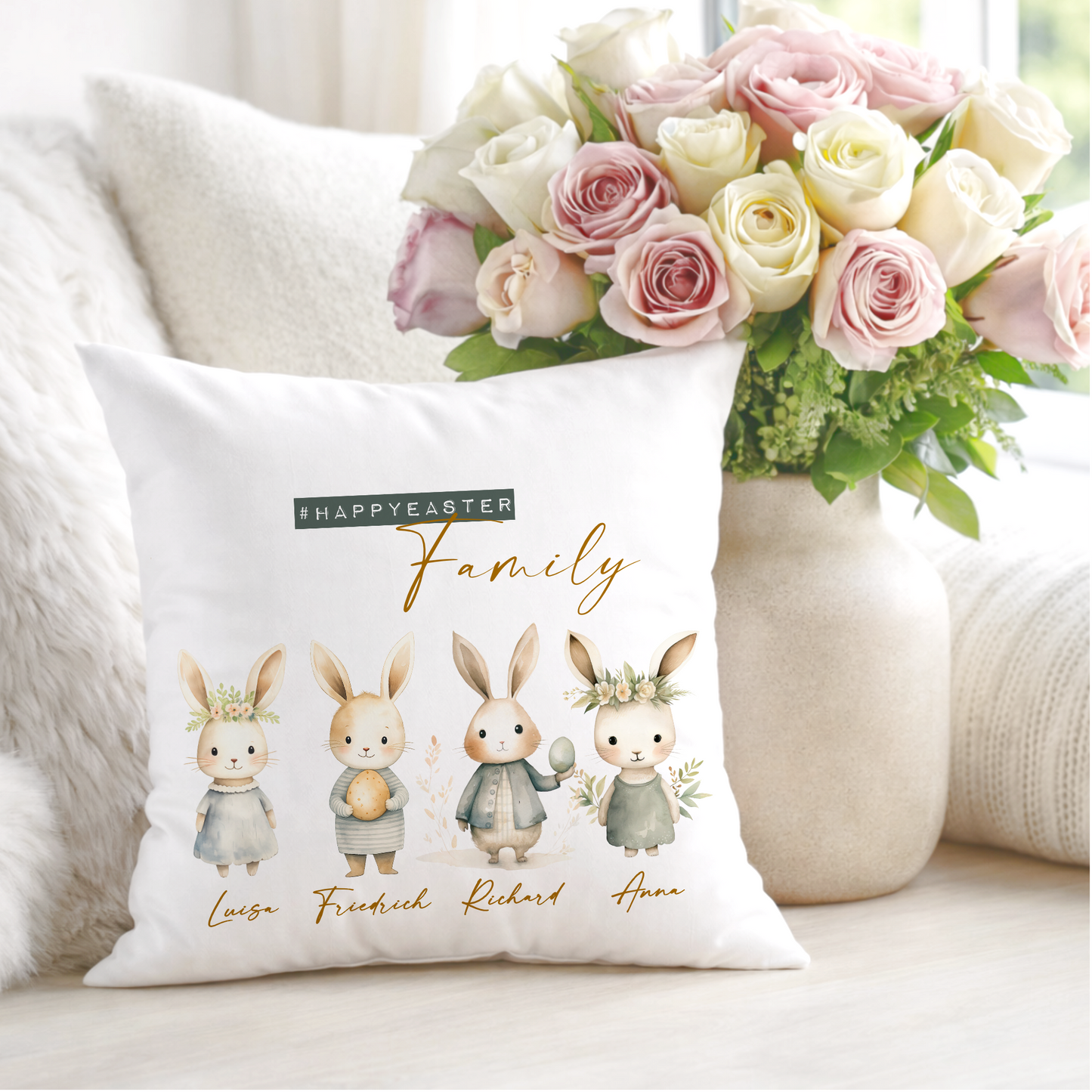 Personalisiertes Osterkissen mit Namen – Familienkissen mit Hasen – Osterdeko 40x40 – Geschenk für Kinder, Eltern & Großeltern – Kissenbezug mit oder ohne Füllung