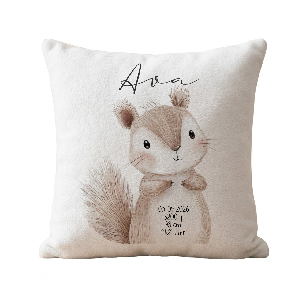 Personalisiertes flauschiges Babykissen mit Geburtsdaten – Waldtiere 40x40cm inkl. Füllung