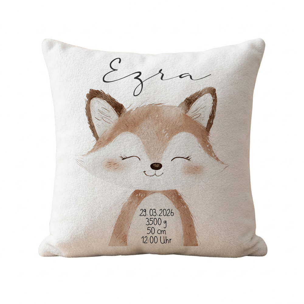 Personalisiertes flauschiges Babykissen mit Geburtsdaten – Waldtiere 40x40cm inkl. Füllung