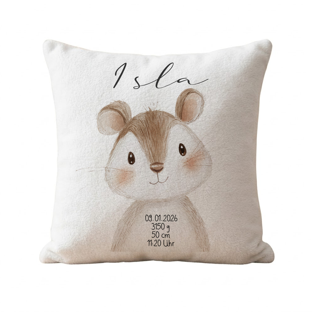 Personalisiertes flauschiges Babykissen mit Geburtsdaten – Waldtiere 40x40cm inkl. Füllung