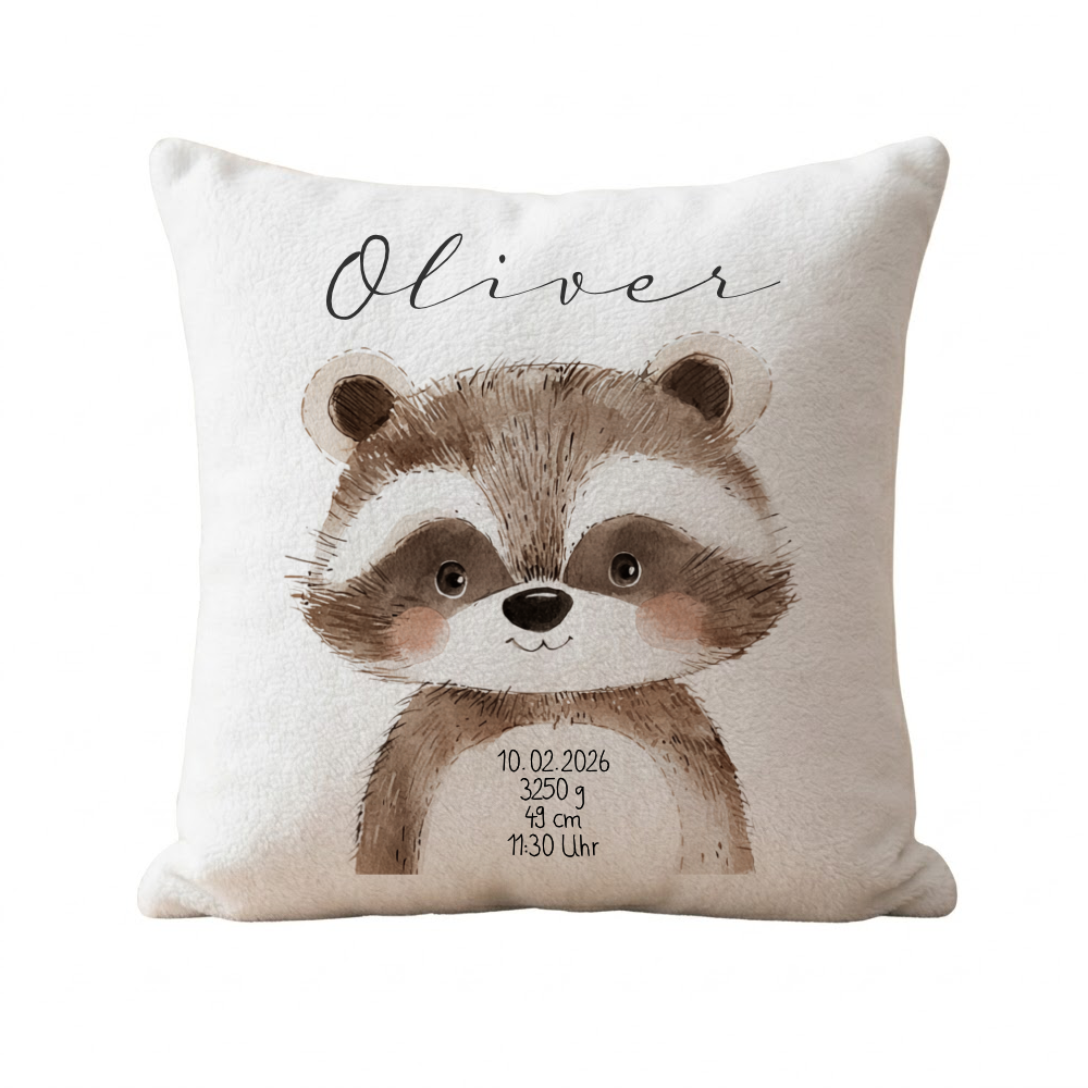 Personalisiertes flauschiges Babykissen mit Geburtsdaten – Waldtiere 40x40cm inkl. Füllung