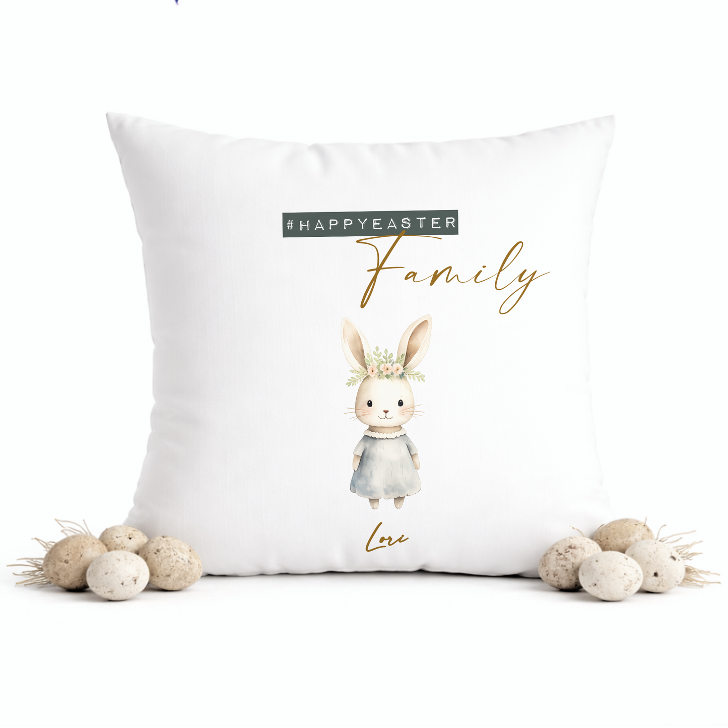 Personalisiertes Osterkissen mit Namen – Familienkissen mit Hasen – Osterdeko 40x40 – Geschenk für Kinder, Eltern & Großeltern – Kissenbezug mit oder ohne Füllung
