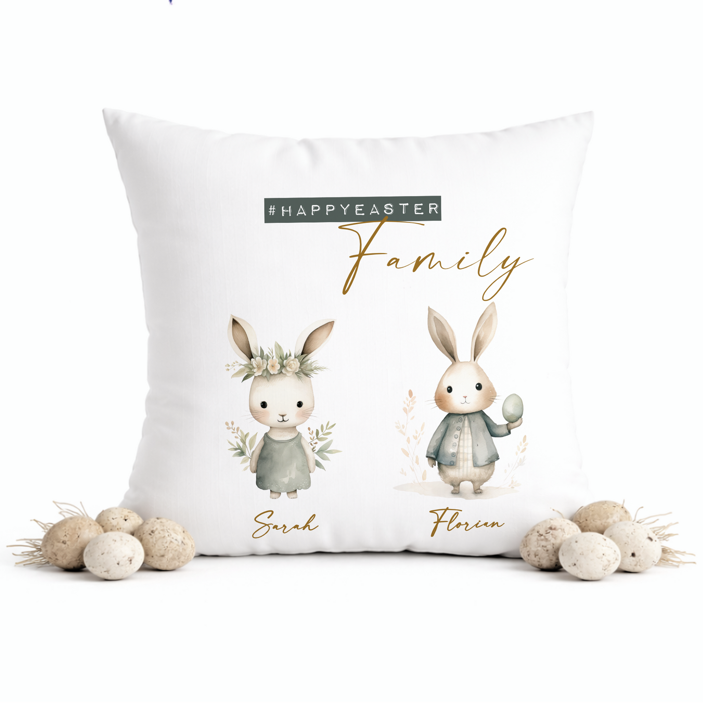 Personalisiertes Osterkissen mit Namen – Familienkissen mit Hasen – Osterdeko 40x40 – Geschenk für Kinder, Eltern & Großeltern – Kissenbezug mit oder ohne Füllung