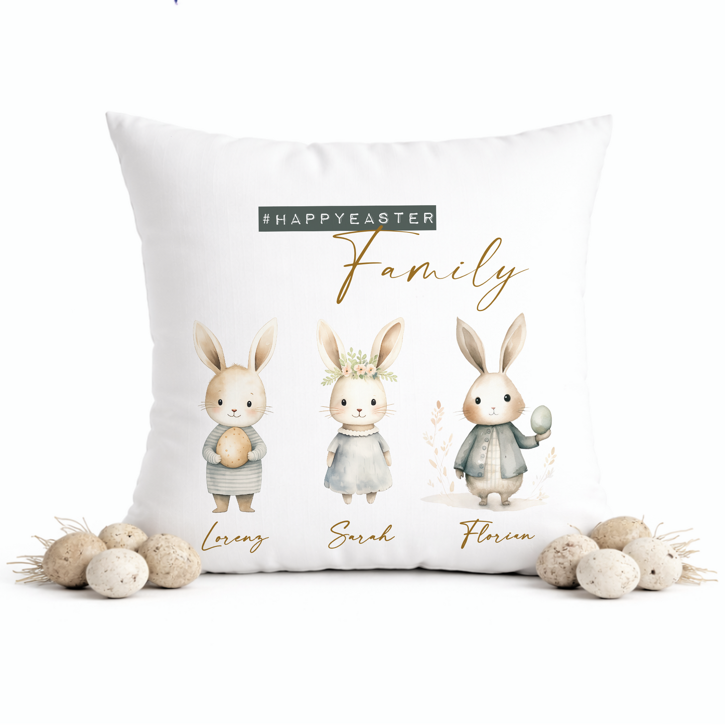 Personalisiertes Osterkissen mit Namen – Familienkissen mit Hasen – Osterdeko 40x40 – Geschenk für Kinder, Eltern & Großeltern – Kissenbezug mit oder ohne Füllung