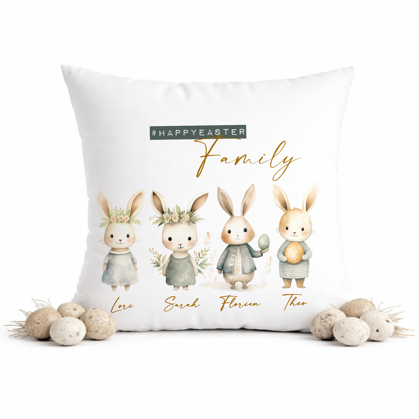 Personalisiertes Osterkissen mit Namen – Familienkissen mit Hasen – Osterdeko 40x40 – Geschenk für Kinder, Eltern & Großeltern – Kissenbezug mit oder ohne Füllung