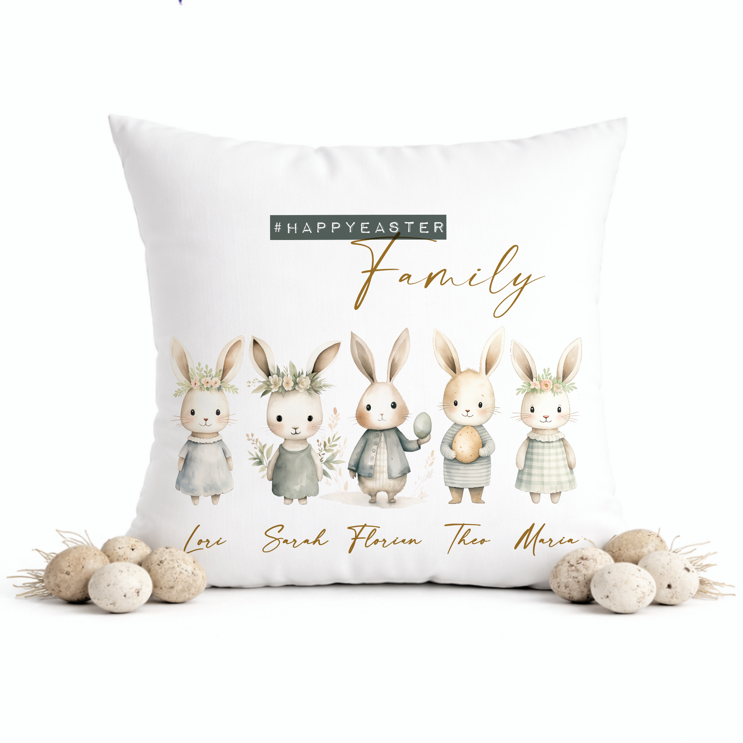 Personalisiertes Osterkissen mit Namen – Familienkissen mit Hasen – Osterdeko 40x40 – Geschenk für Kinder, Eltern & Großeltern – Kissenbezug mit oder ohne Füllung