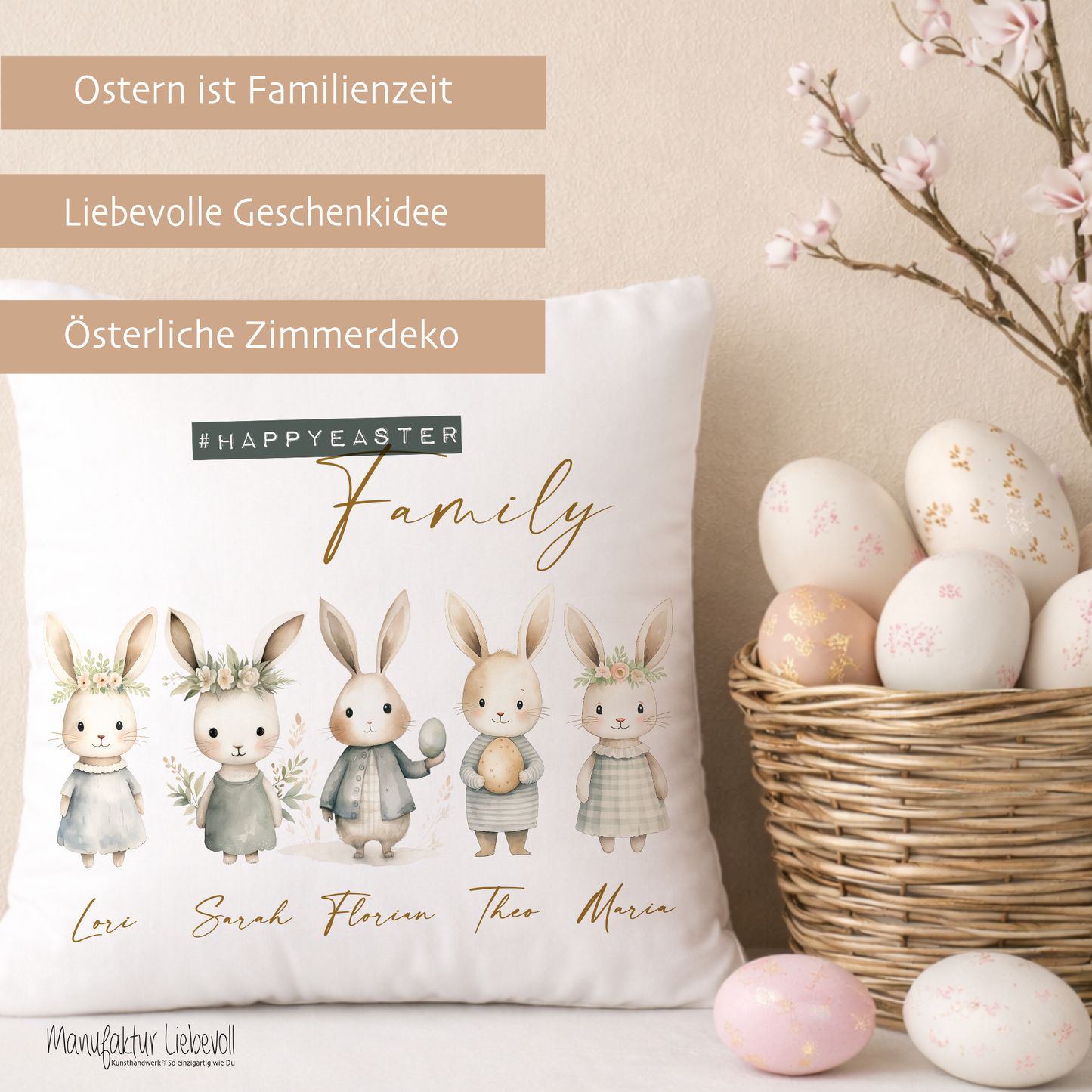 Personalisiertes Osterkissen mit Namen – Familienkissen mit Hasen – Osterdeko 40x40 – Geschenk für Kinder, Eltern & Großeltern – Kissenbezug mit oder ohne Füllung