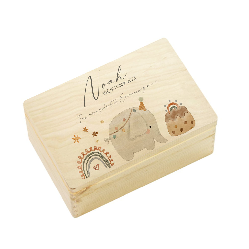 Personalisierte Erinnerungsbox aus Holz für Babys, Kleinkinder, Kinder | Holzkiste Elefant mit Namen und Spruch