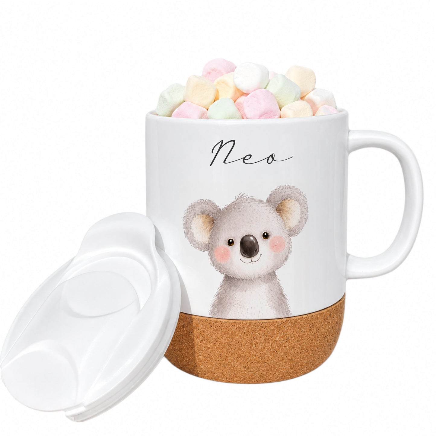 Personalisierte Kindertasse mit Name – Keramiktasse mit Korkboden & Deckel | 12 Tiermotive
