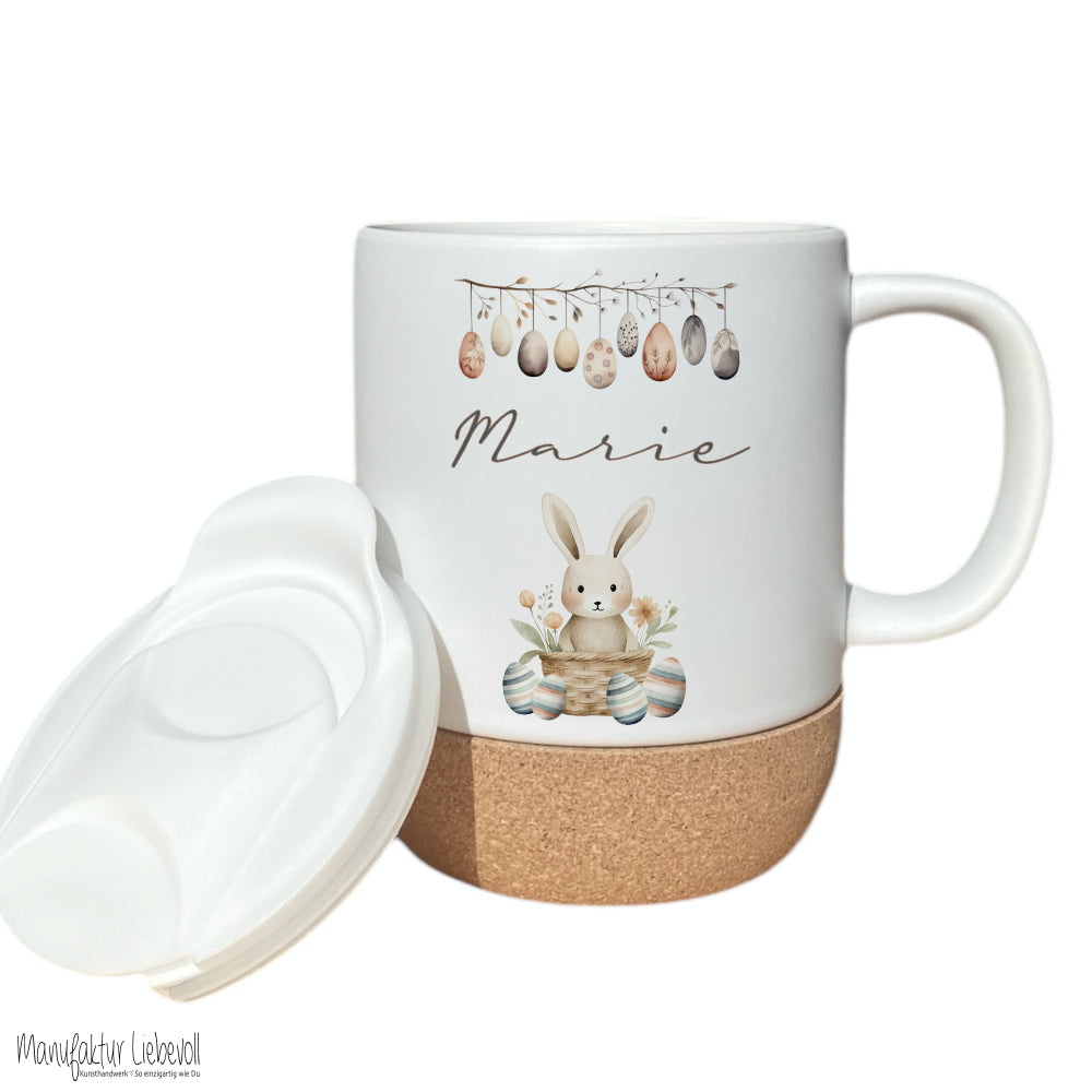 Personalisierte Ostertasse aus Kermik mit Korkboden, 3 Motive zur Auswahl