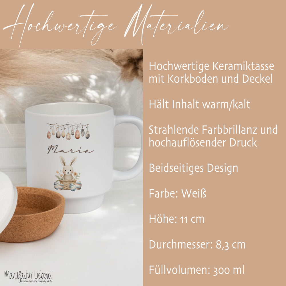 Personalisierte Ostertasse aus Kermik mit Korkboden, 3 Motive zur Auswahl