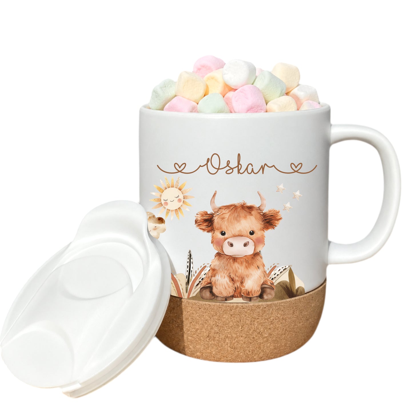 Personalisierte Kindertasse mit Namen – Keramiktasse mit Korkboden & Deckel | 14 Motive zur Auswahl