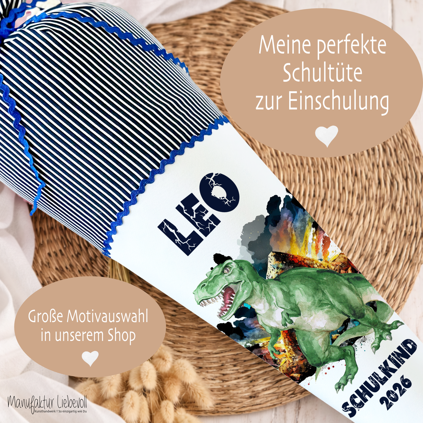 Dinosaurier Stoff Schultüte T Rex | Personalisiert mit dem Namen für Jungen | Optional mit Füllkissen und Spitzenschutz