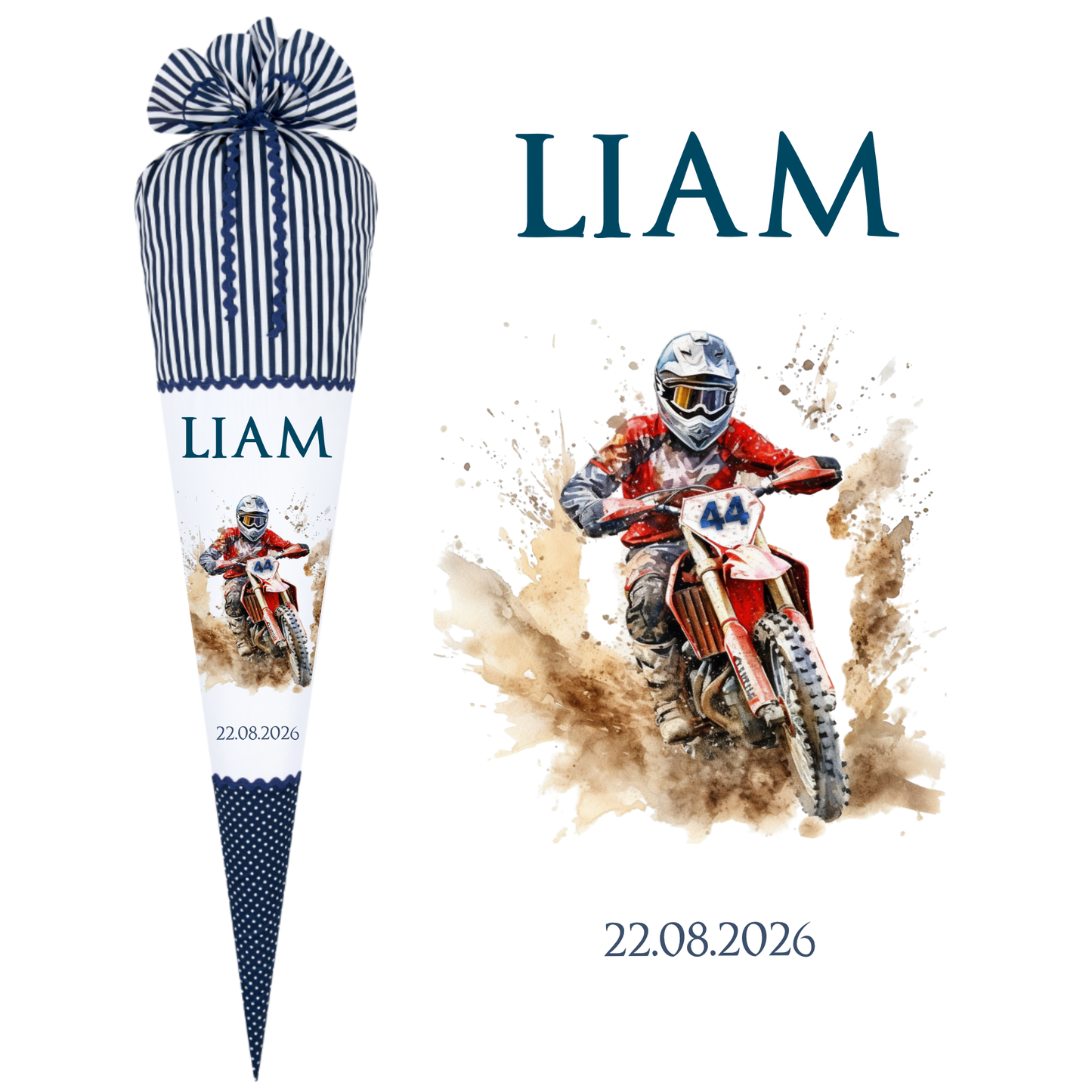 Motorrad Zuckertüte in blau Stoff Schultüte für Jungen mit Motocross Fahrer Namen Datum Einschulungstüte Füllkissen Rohling 70 cm | Optional mit Füllkissen und Spitzenschutz