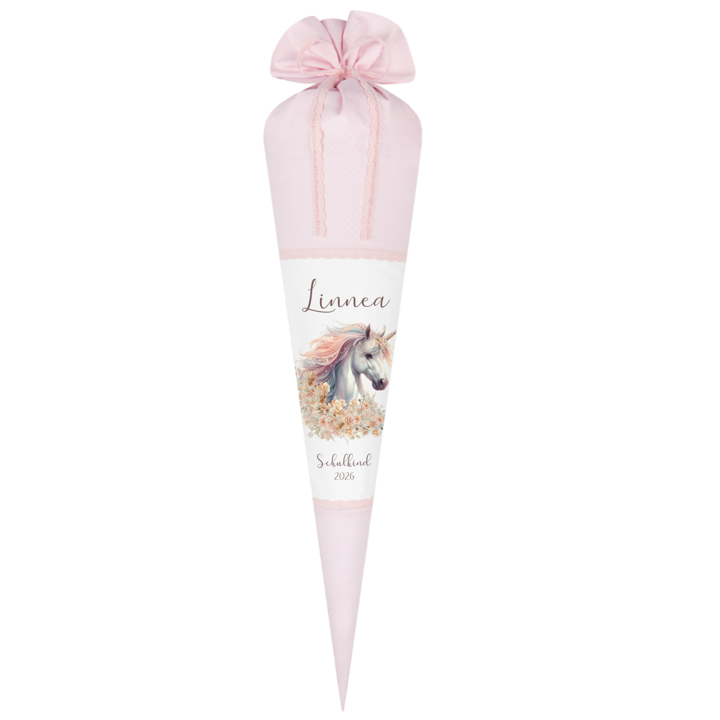 Einhorn Stoff Schultüte für Mädchen I Pferd Zuckertüte mit Namen Einschulungstüte Einschulung Datum Blumen Füllkissen 70 cm I Optional mit Füllkissen und Spitzenschutz