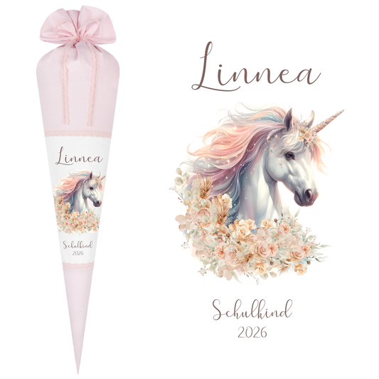 Einhorn Stoff Schultüte für Mädchen I Pferd Zuckertüte mit Namen Einschulungstüte Einschulung Datum Blumen Füllkissen 70 cm I Optional mit Füllkissen und Spitzenschutz