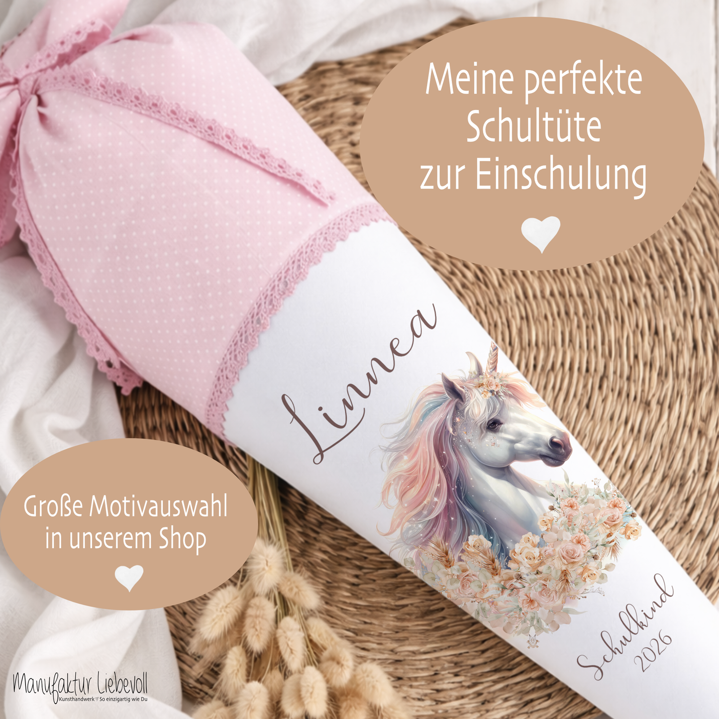 Einhorn Stoff Schultüte für Mädchen I Pferd Zuckertüte mit Namen Einschulungstüte Einschulung Datum Blumen Füllkissen 70 cm I Optional mit Füllkissen und Spitzenschutz