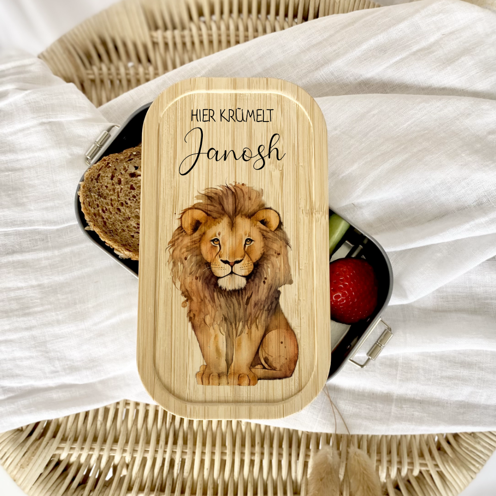 Brotdose "Löwe" wählbar in Edelstahl mit Bambusdeckel und Namen für Kinder | Brotdose mit Tier Safari Motiv | Personalisiertes Geschenk für Kinder