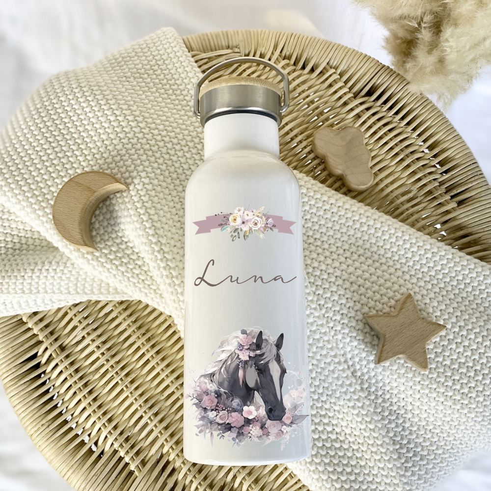Thermosflasche mit Namen und Pferde Pony Motiv für Kinder als Geschenk