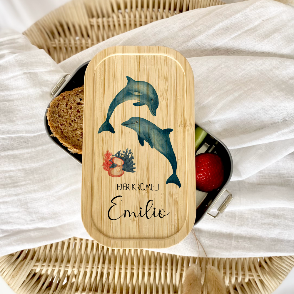Brotdose "Delfine" wählbar in Edelstahl mit Bambusdeckel und Namen für Kinder | Lunchbox "Meerestiere" | Personalisiertes Geschenk für Kinder