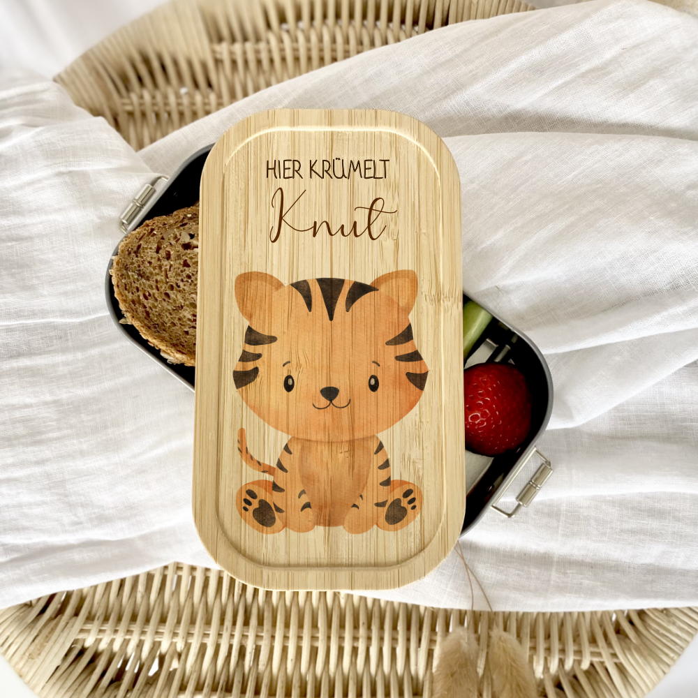 Lunchbox "Tiger" wählbar in Edelstahl mit Bambusdeckel und Namen für Kinder | Brotdose mit Tiermotiv | Personalisiertes Geschenk für Kinder
