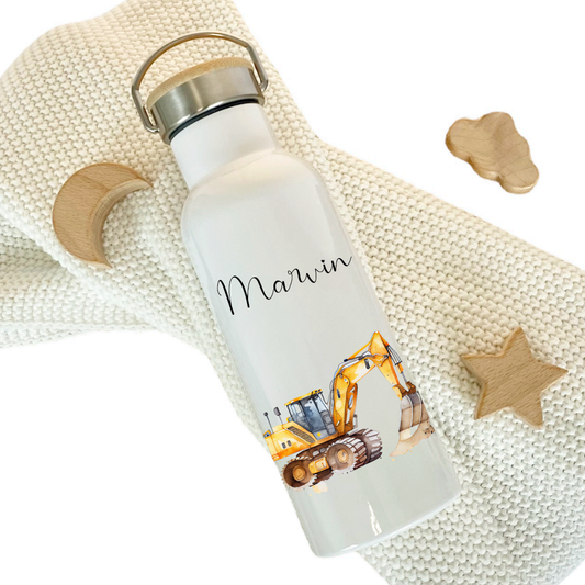 Trinkflasche Bagger mit Namen als Geschenk für Jungen