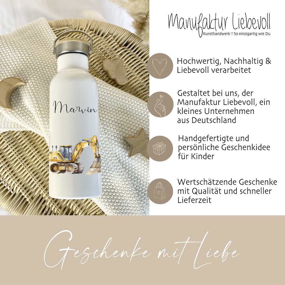 Trinkflasche Bagger mit Namen als Geschenk für Jungen 