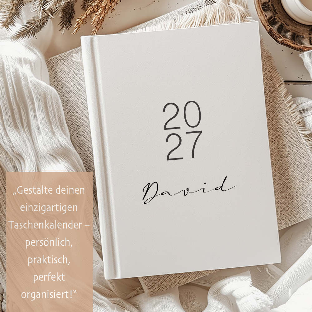 Personalisierter Terminplaner 2027 Din A5 | Minimalistischer Buchkalender mit Name | Weißes Hardcover – Manufaktur Liebevoll