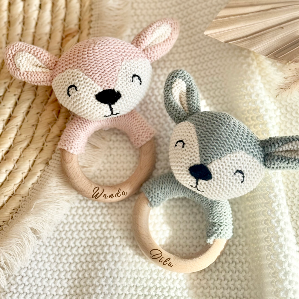 Beißring mit Rassel Personalisiert Baby Greifring Neugeborene