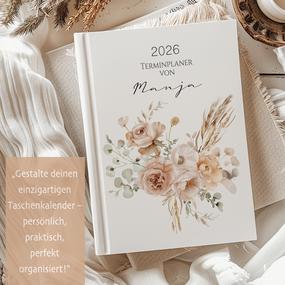 Personalisierter Terminplaner 2026 Din A5 | Hardcover Buchkalender mit Name | Florales & Boho Design