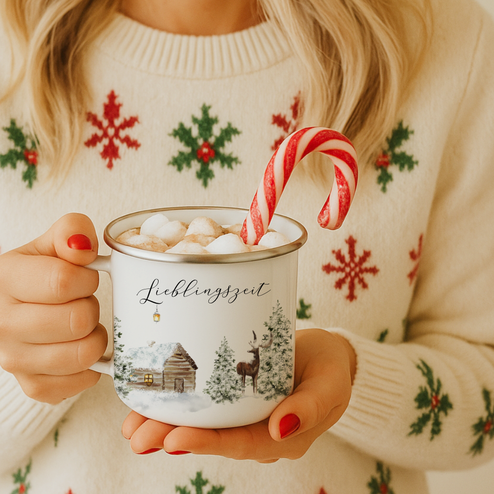 Emaille Tasse Lieblingszeit – Winter Becher mit Hirsch & Hütte – Geschenkidee Weihnachten & Advent