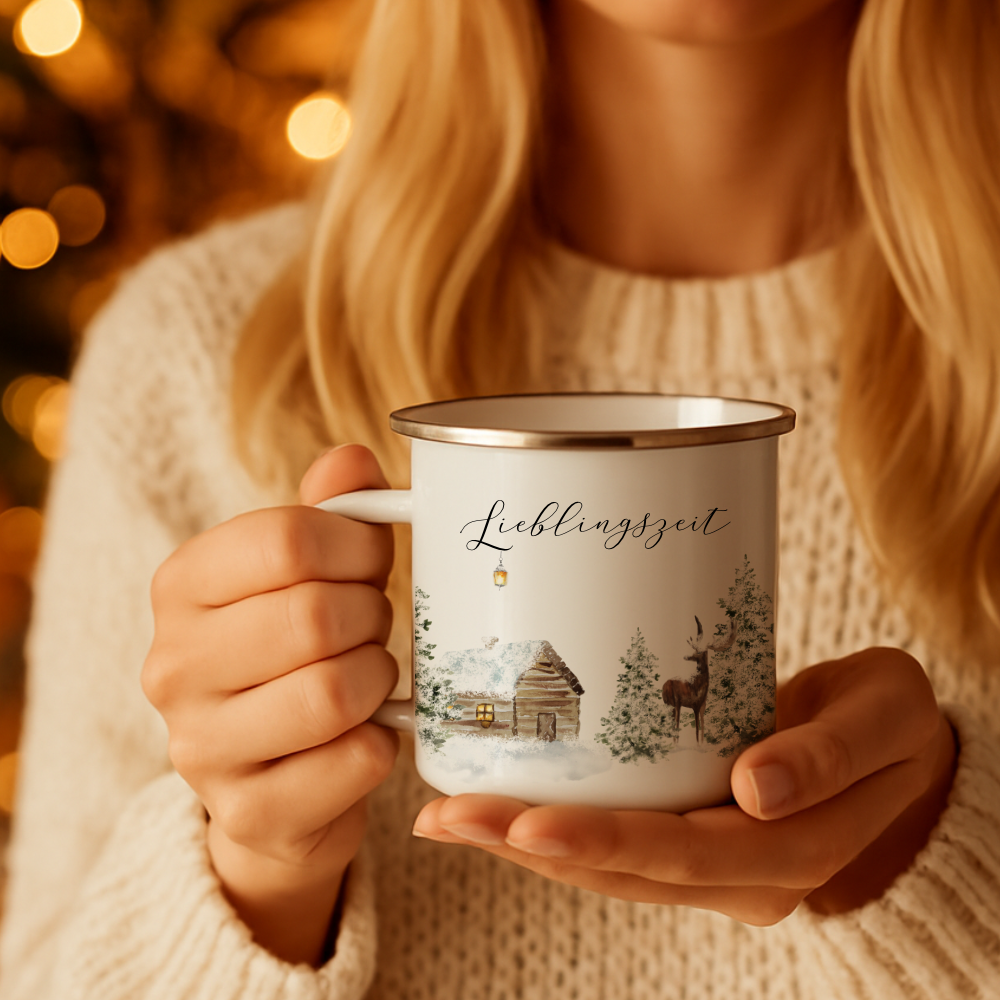Emaille Tasse Lieblingszeit – Winter Becher mit Hirsch & Hütte – Geschenkidee Weihnachten & Advent