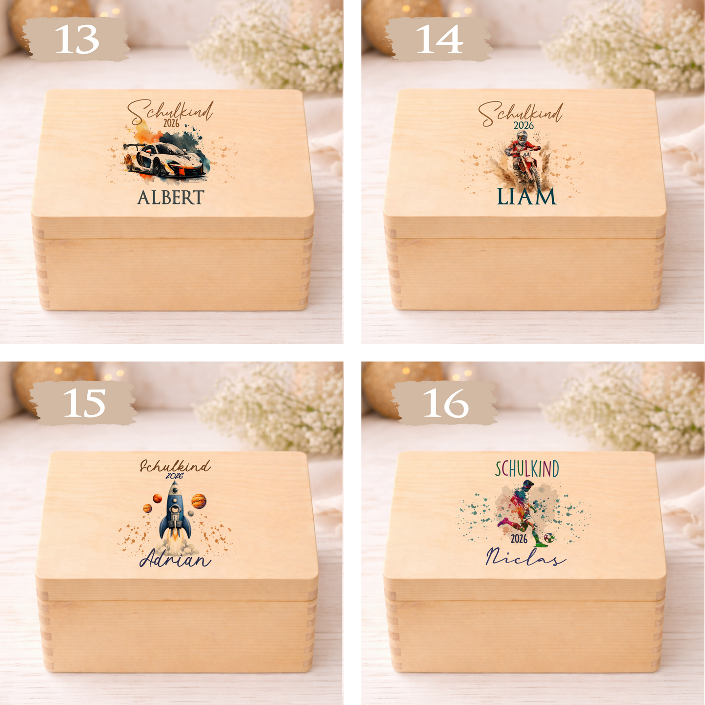 Holzkiste Schulkind 2026 Geschenk I Personalisierte Erinnerungsbox mit Namen viele Motive I Mädchen Einschulung Junge Geschenk Schulstart
