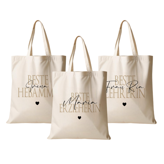 Personalisierter Stoffbeutel, 3 Motive: Beste Erzieherin, Beste Lehrerin, Beste Hebamme