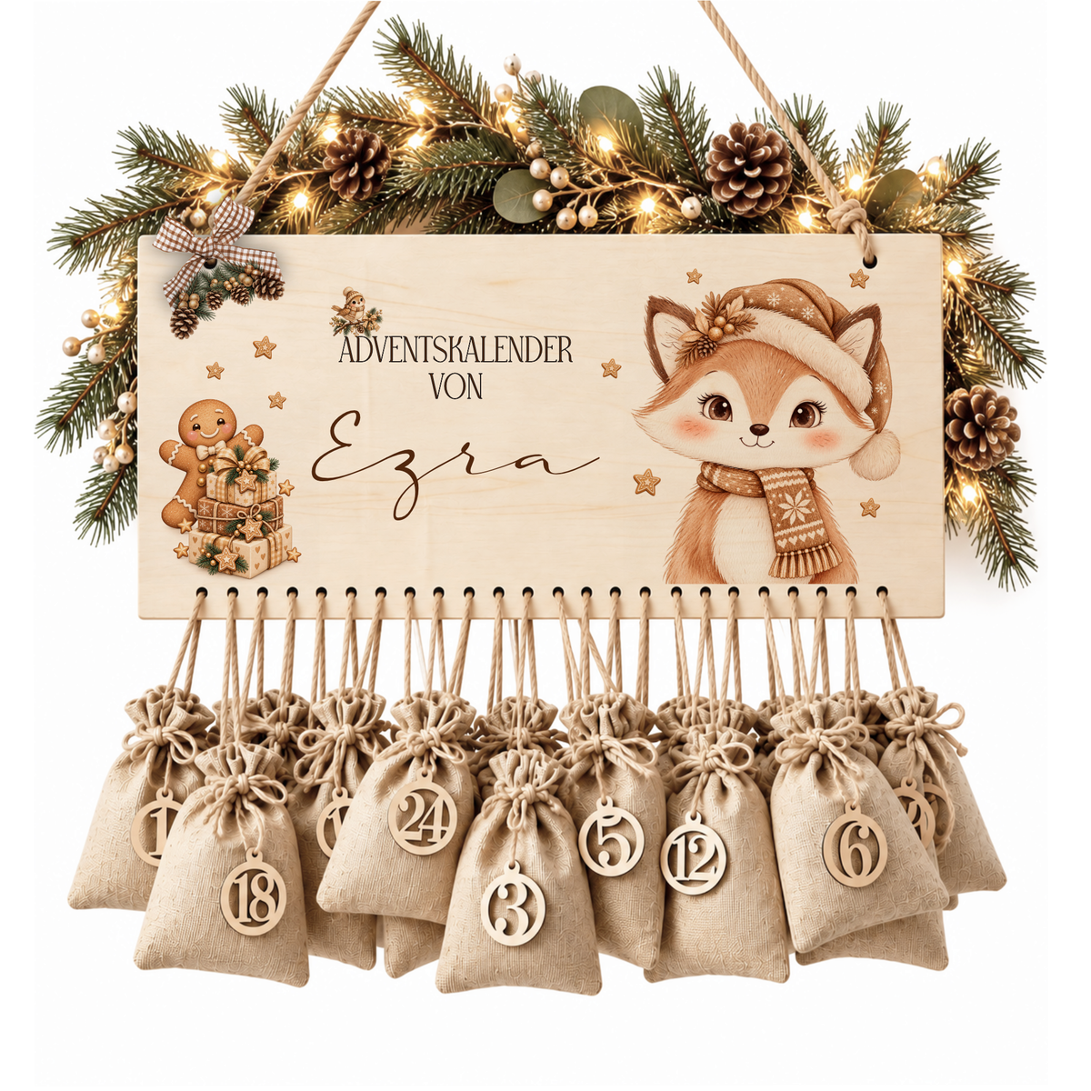 Personalisierter Adventskalender aus Holz mit Namen – 6 Tiermotive