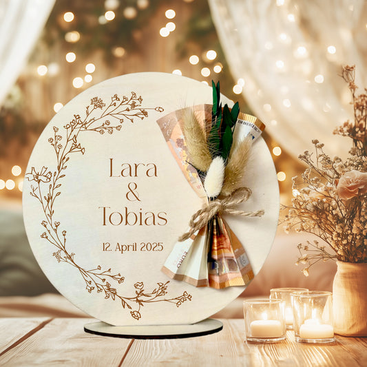 Personalisiertes Hochzeitsgeschenk Geld Geschenk aus Holz zur Hochzeit Geldgeschenk mit Namen u. Datum, Geschenk Hochzeit Tisch Deko Boho