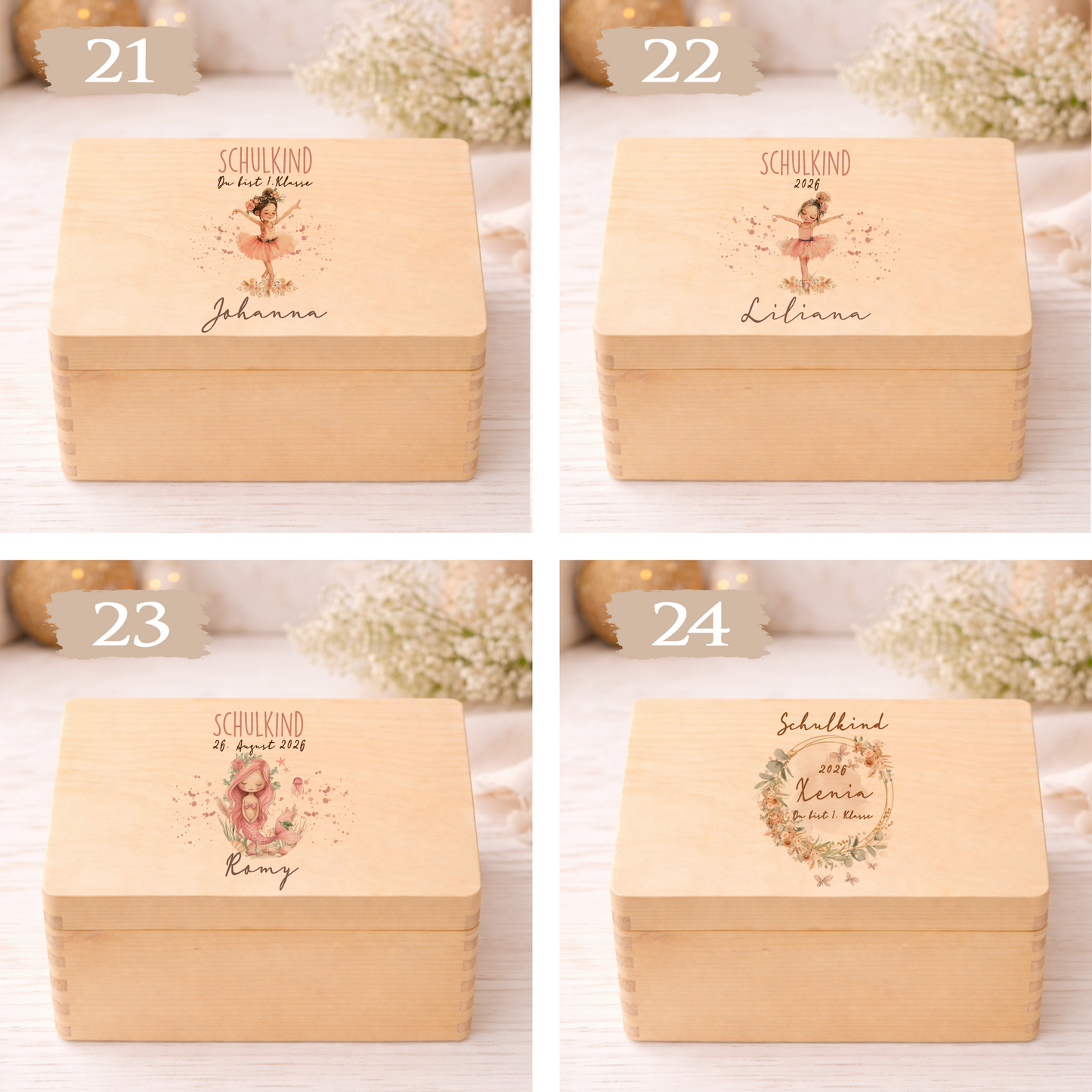 Holzkiste Schulkind 2026 Geschenk I Personalisierte Erinnerungsbox mit Namen viele Motive I Mädchen Einschulung Junge Geschenk Schulstart