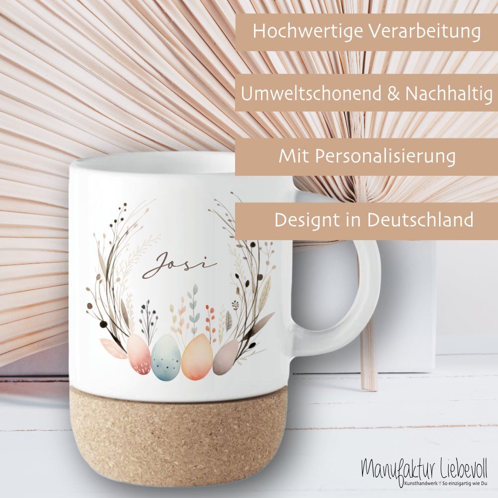 Personalisierte Ostertasse aus Kermik mit Korkboden, 3 Motive zur Auswahl