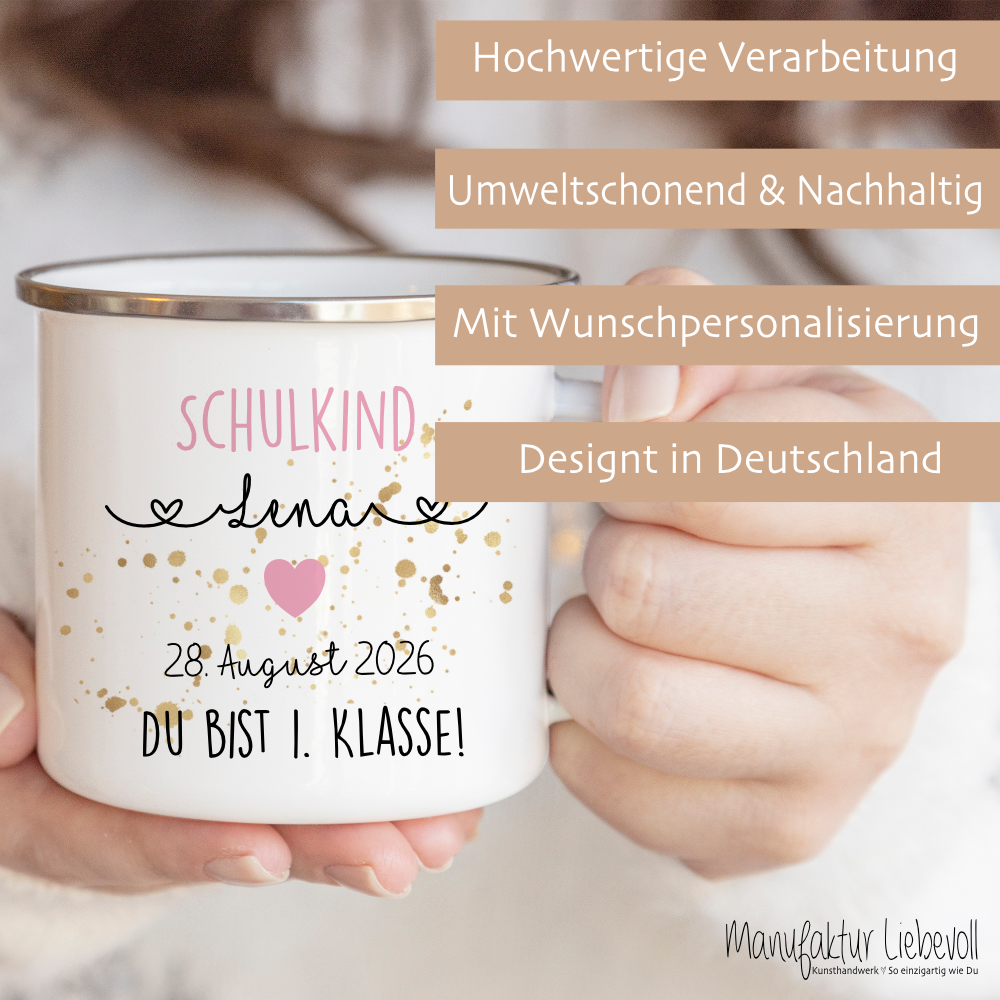 Personalisierte Tasse für das Schulkind | Geschenk für Jungen und Mädchen mit Namen und Datum | 2 Farbvarianten zur Auswahl