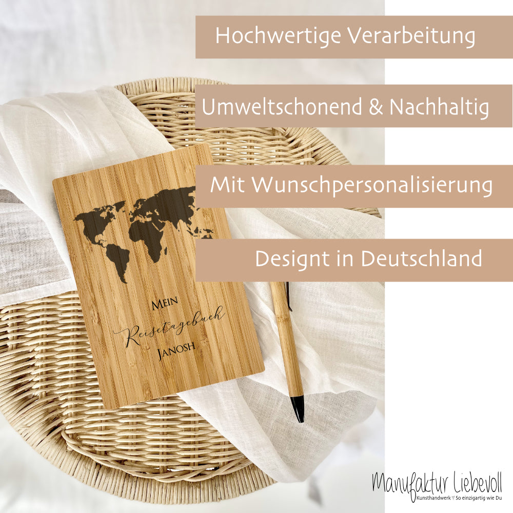Reisetagebuch zum Selberschreiben | Notizbuch mit Name u. Weltkarte | Personalisiertes Geschenk für Sie u. Ihn