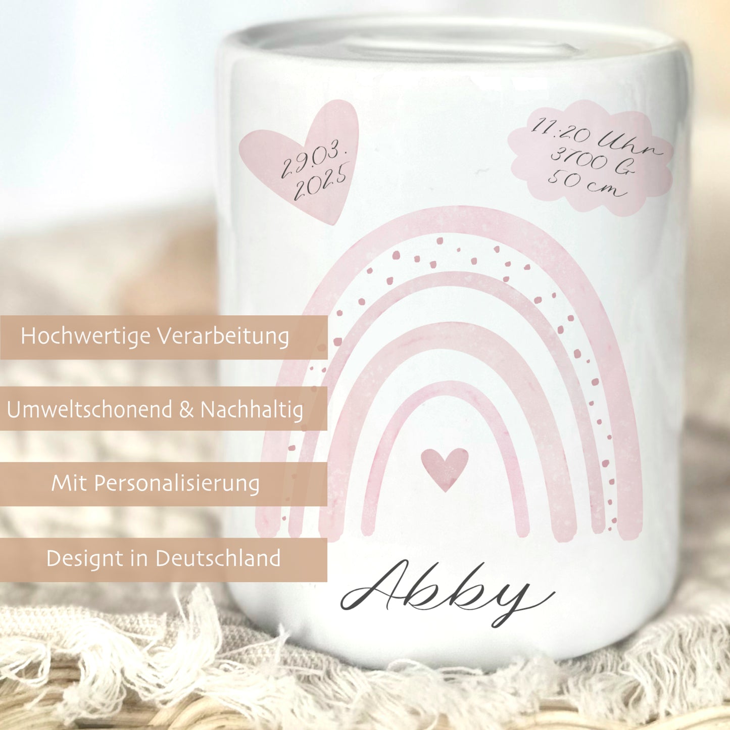 Spardose Regenbogen für Babys, personalisiert mit Namen und Geburtsdaten