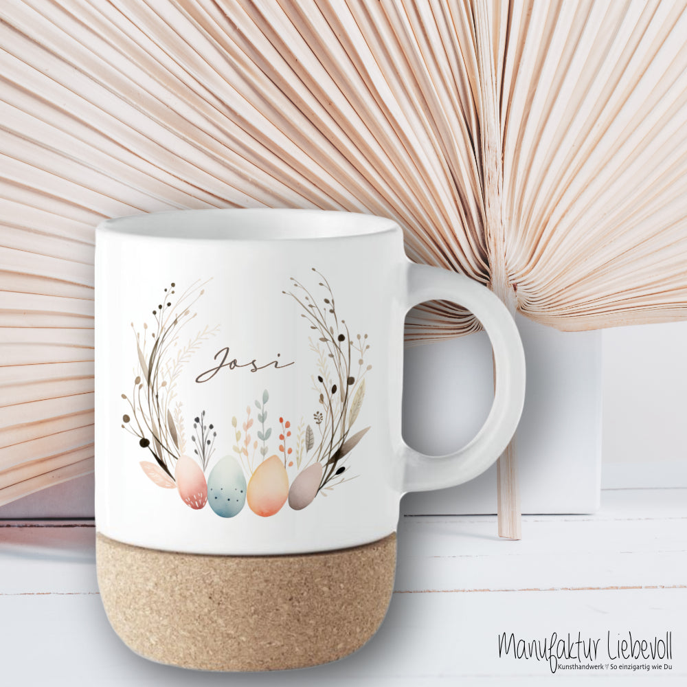 Personalisierte Ostertasse aus Kermik mit Korkboden, 3 Motive zur Auswahl
